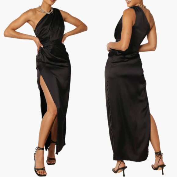 New! Petal & Pup Black Nadia One-Shoulder Satin Maxi Dress Size 8 - 2684 - Picture 1 of 13